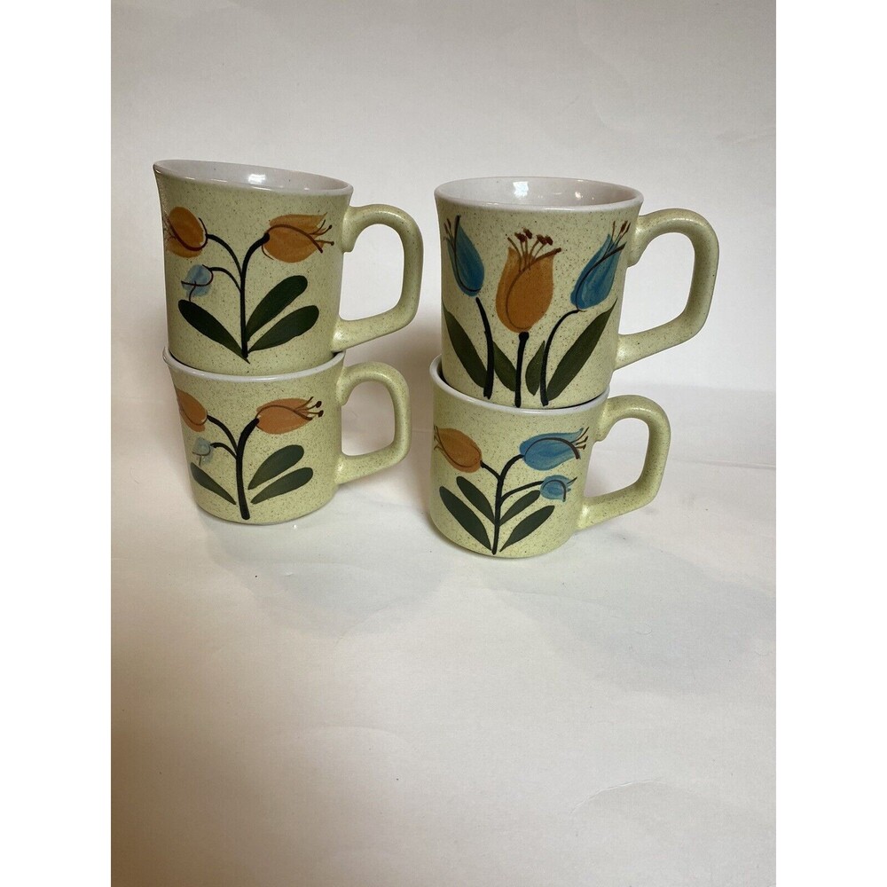 Vtg Otagiri Speckled Stoneware Coffee Mug Hand Painted Orange Blue Tulip Flowers